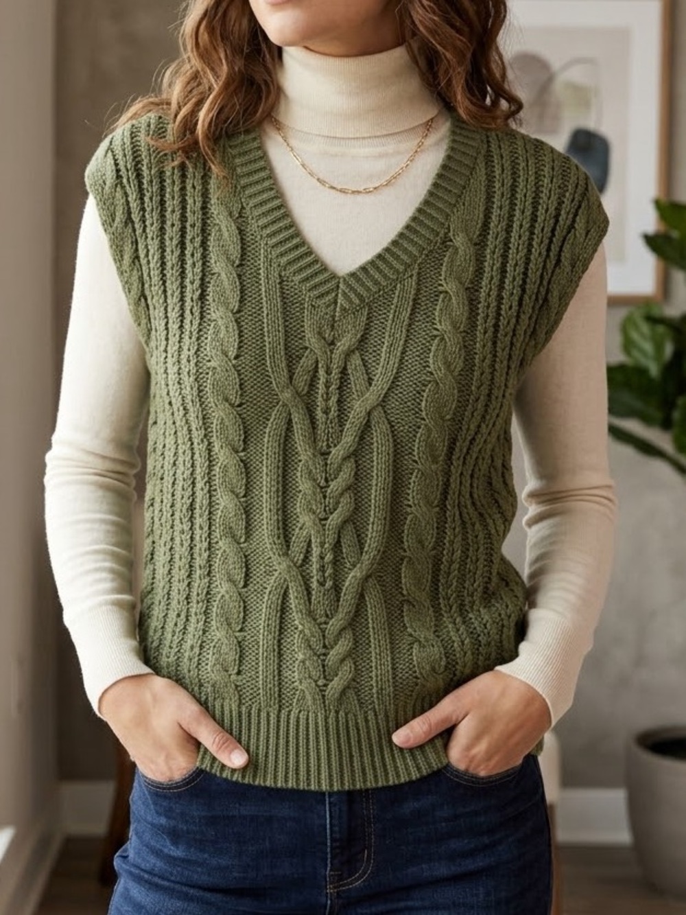 Frye Olive Cable-Knit V-Neck Sweater Vest